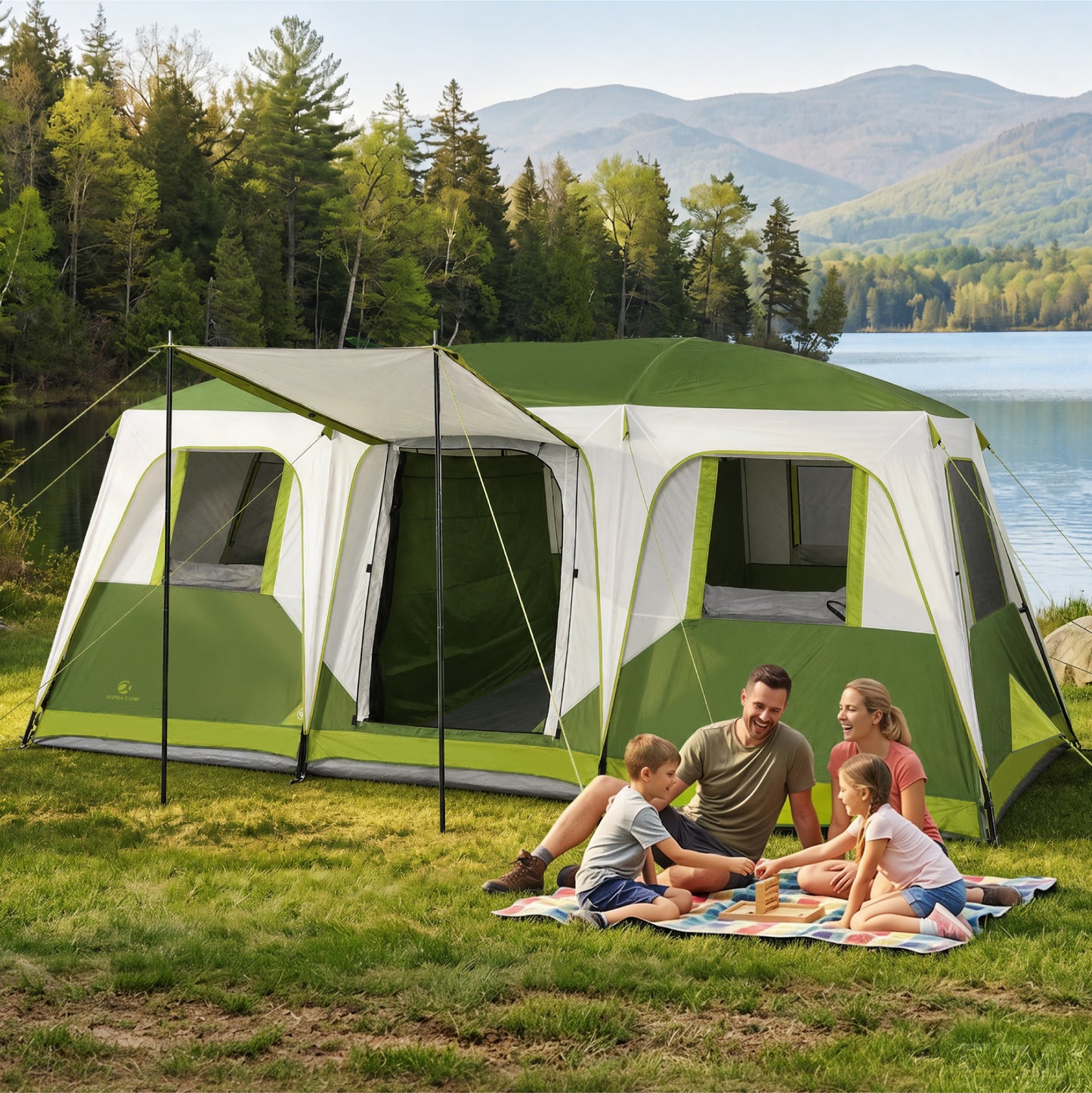 Sophia & William 12 Person Camping Tent 16x11FT All-Weather Large Family Cabin Tent with 3 Rooms and 6 Mesh Windows, Green