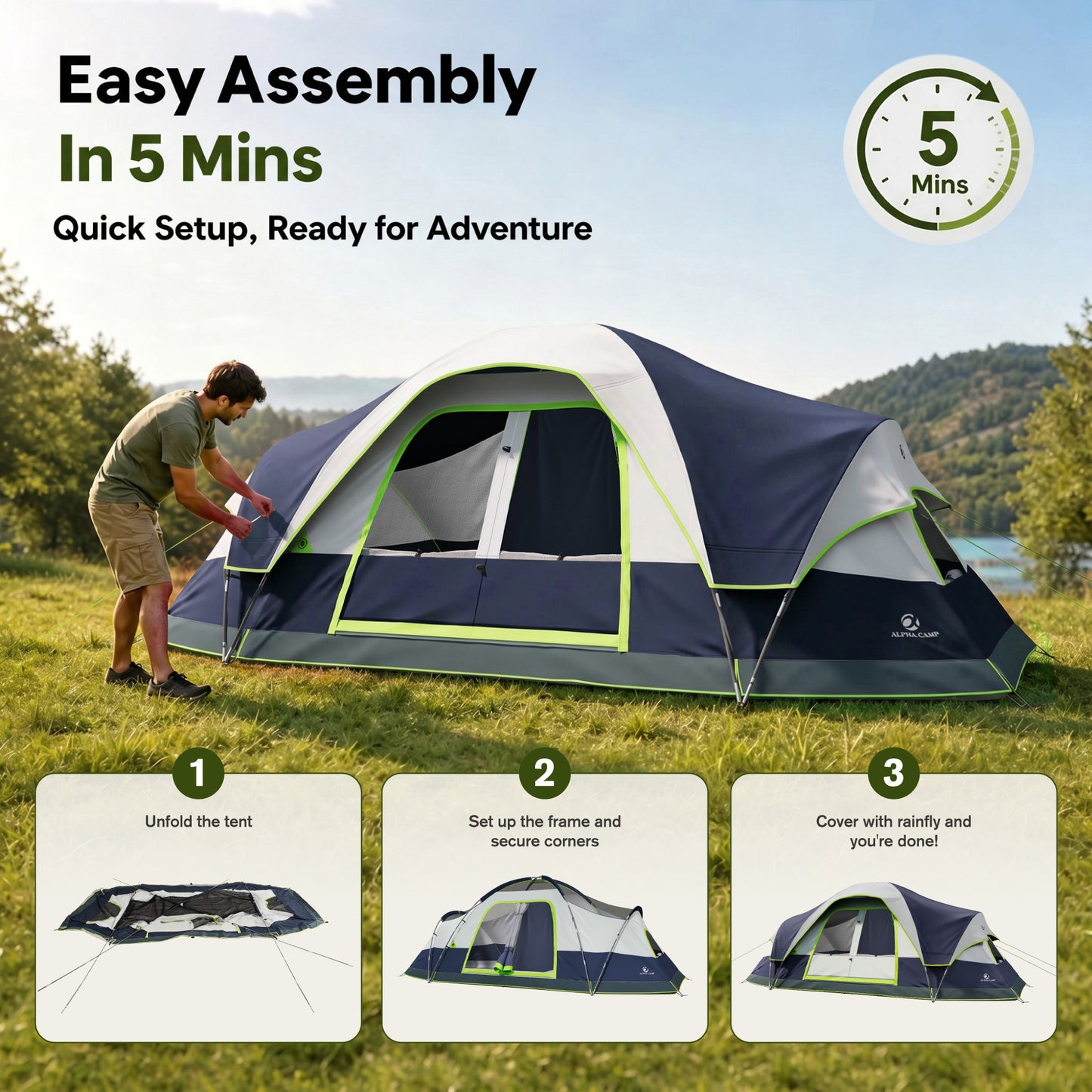 Sophia & William 10 Person Camping Tent 18x9ft Cabin Tent with Removable Divider and Mesh Screen Windows, Blue