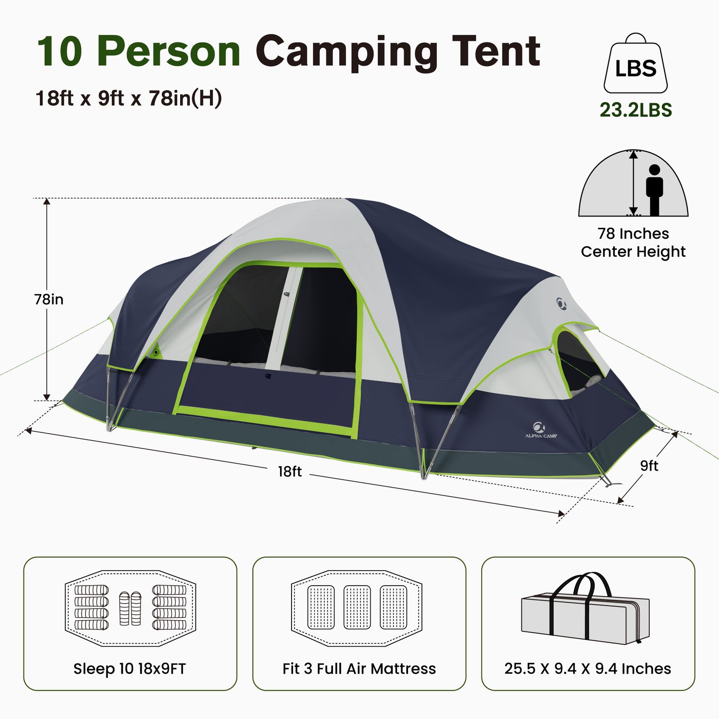 Sophia & William 10 Person Camping Tent 18x9ft Cabin Tent with Removable Divider and Mesh Screen Windows, Blue