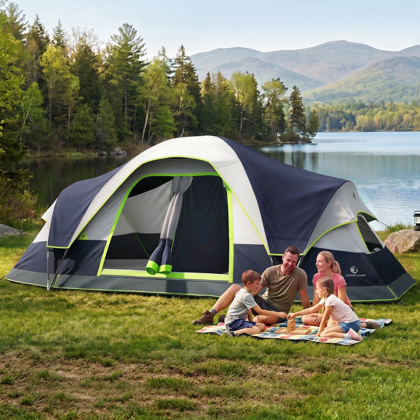 Sophia & William 10 Person Camping Tent 18x9ft Cabin Tent with Removable Divider and Mesh Screen Windows, Blue