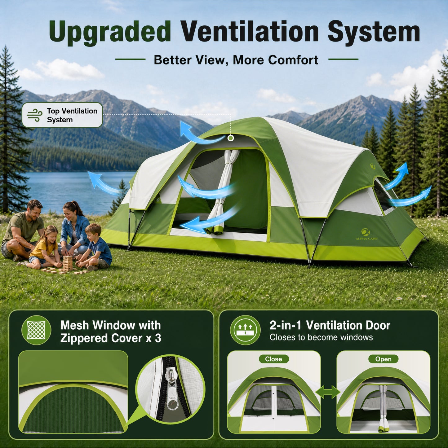Sophia & William 10 Person Camping Tent 18x9ft Cabin Tent with Removable Divider and Mesh Screen Windows, Green