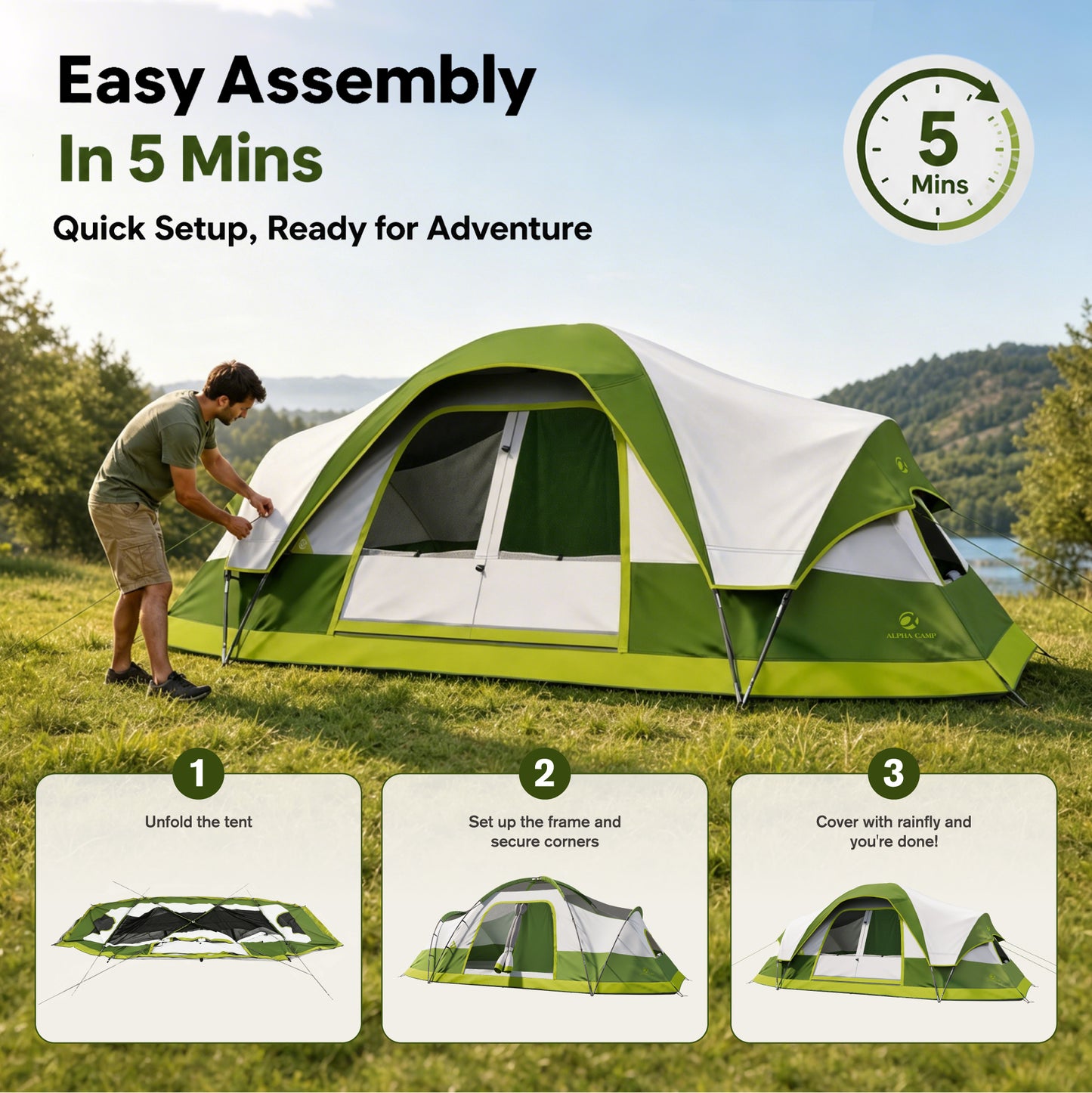 Sophia & William 10 Person Camping Tent 18x9ft Cabin Tent with Removable Divider and Mesh Screen Windows, Green