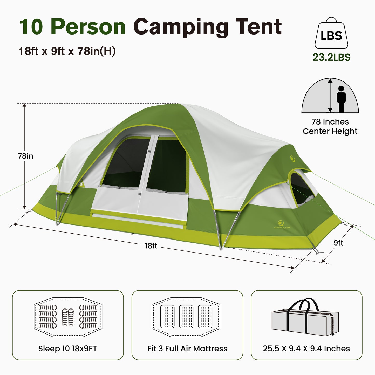 Sophia & William 10 Person Camping Tent 18x9ft Cabin Tent with Removable Divider and Mesh Screen Windows, Green