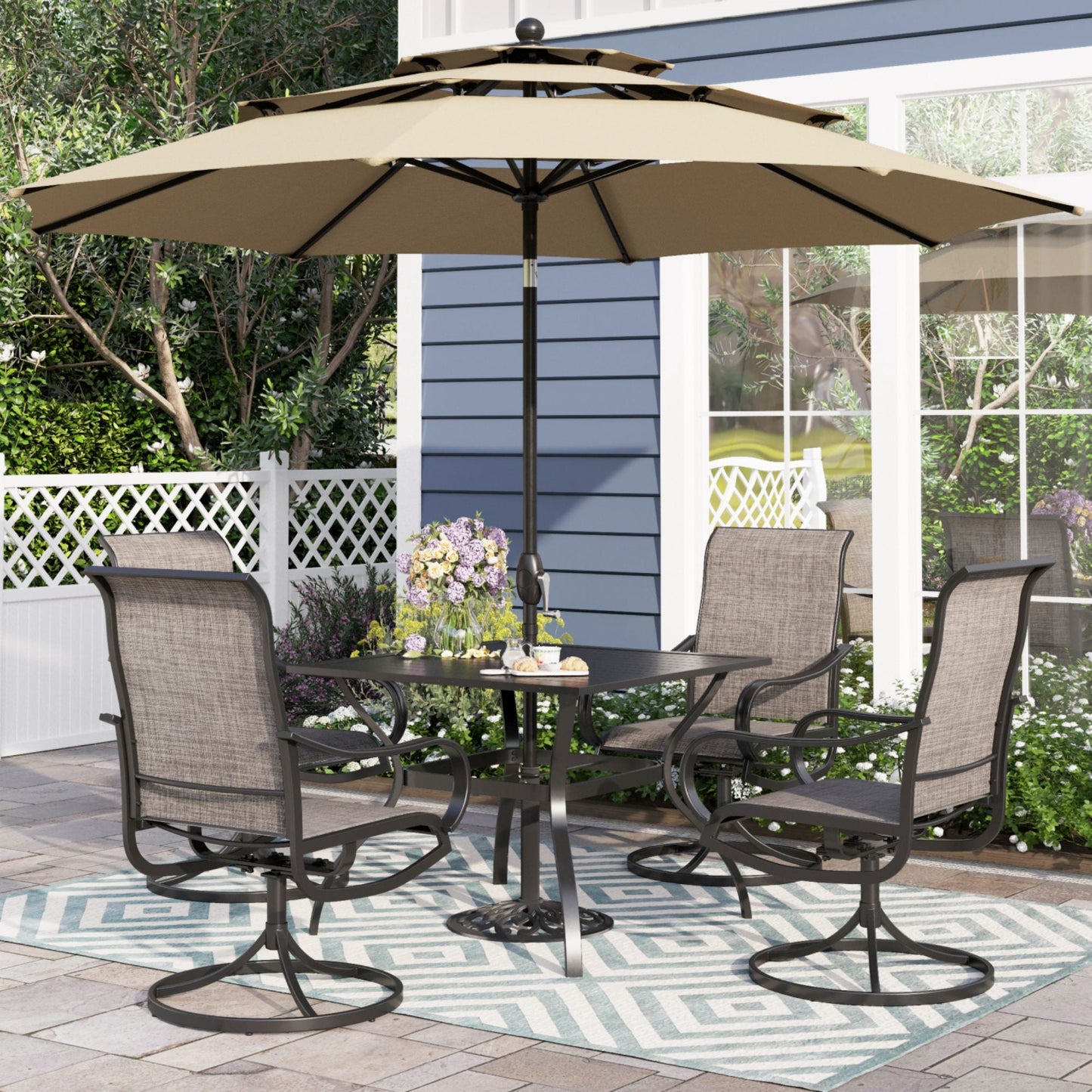 Alpha Joy 10ft 3-Tier Auto-Tilt Patio Umbrella, Steel Pole & Ribs ¨C Double Vented, Push-Button Tilt & Crank, Beige