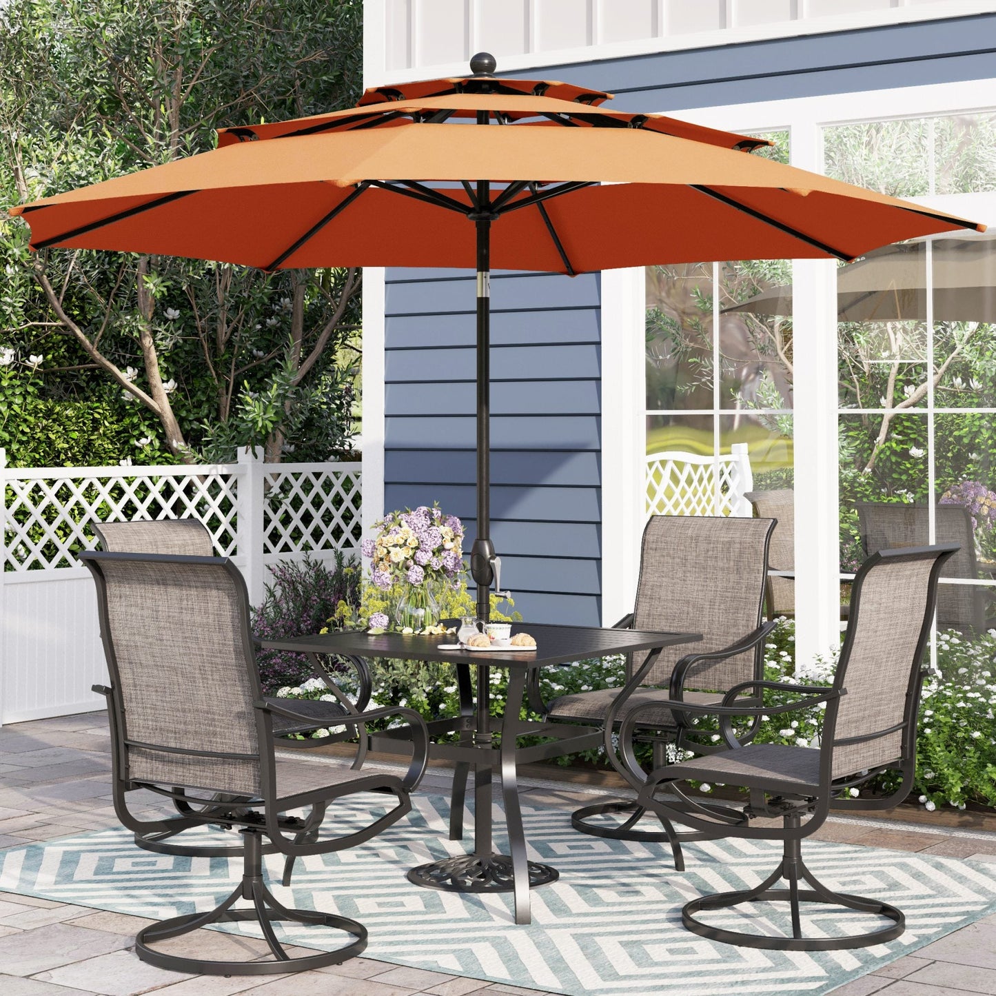 Alpha Joy 10ft 3-Tier Auto-Tilt Patio Umbrella, Steel Pole & Ribs ¨C Double Vented, Push-Button Tilt & Crank, Orange Red
