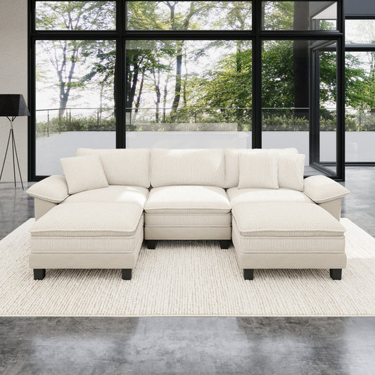 Sophia&William U-shpaed Convertible Sectional Sofa Couch, 5-Seat Modern Chenille Cloud Couch Deep Seat with Corduroy Frame & 3 Pillows for Living Room, Apartment, White