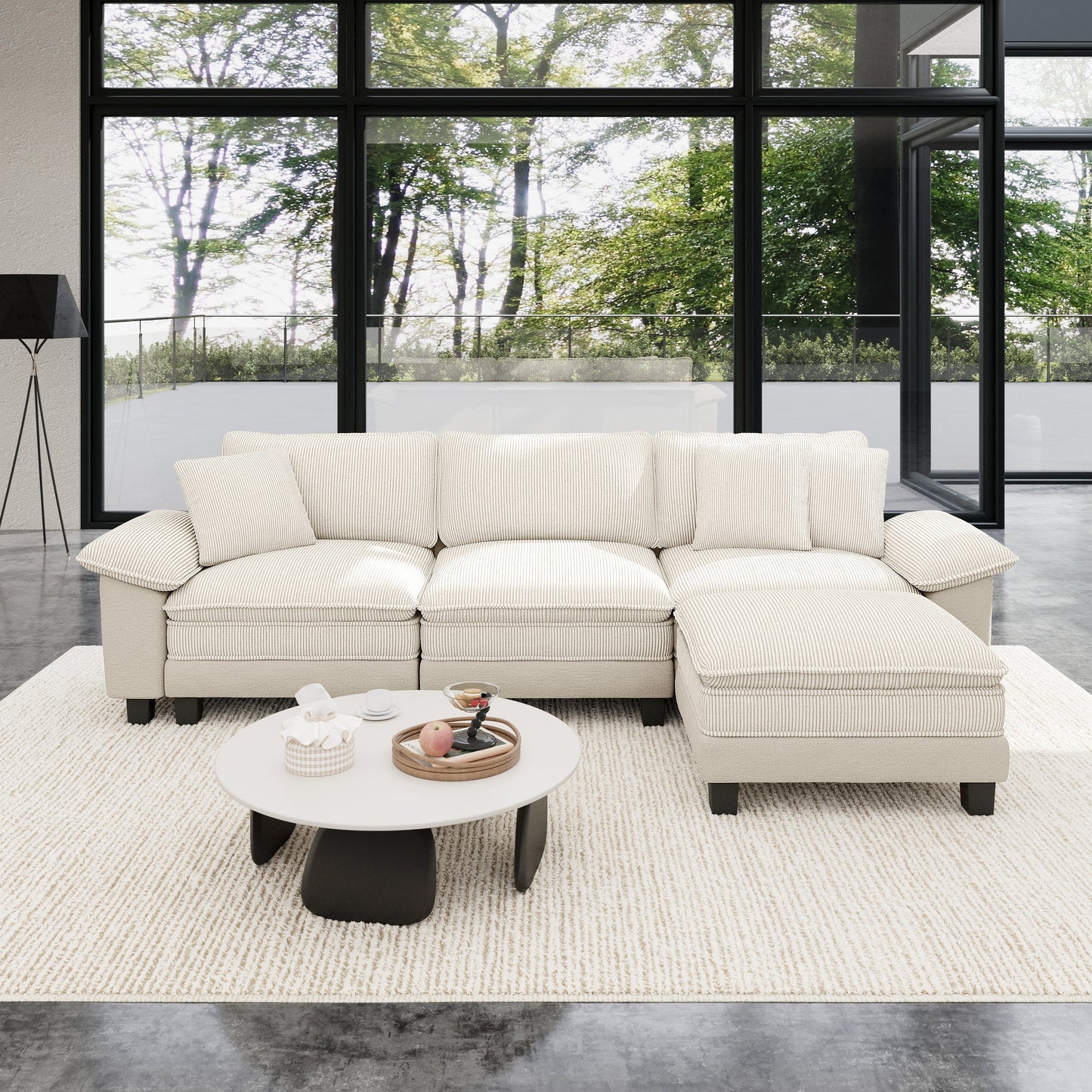 Sophia&William 123.6"L Convertible Sectional Sofa Couch, Modern Chenille 4-Seat Couch in Corduroy Frame Sofa Modular with 3 Pillows for Living Room,White