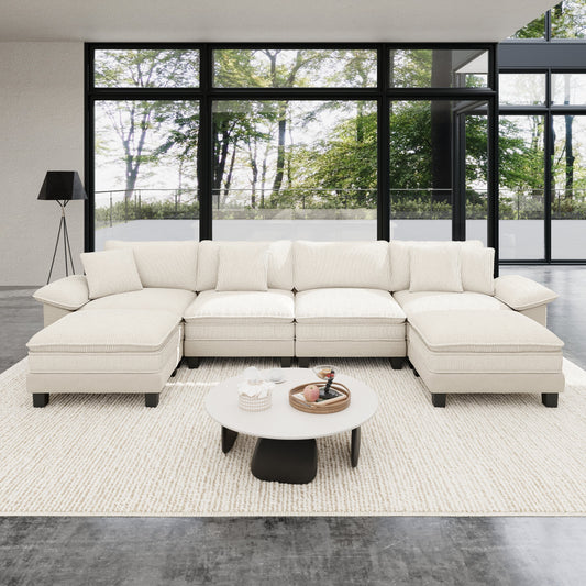 Sophia&William 157.5"L Convertible Sectional Sofa Couch, Modern Chenille 6-Seat Sofa in Corduroy Frame with 4 Pillows & 2 Ottomans for Living Room,White
