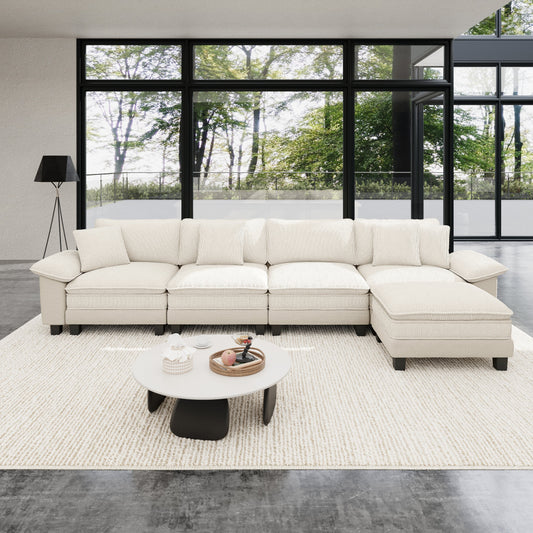 Sophia&William 157.5"L Modular Sectional Sofa Couch, Modern Chenille Couch 5-Seat in Corduroy Frame Sofa with 4 Pillows & Ottoman for Living Room,White
