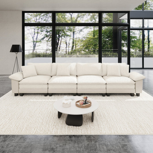 Sophia&William 157.5"L Convertible Sectional Sofa Couch, 4-Seat Modern Chenille Cloud Couch Deep Seat with Corduroy Frame & 4 Pillows for Living Room, Apartment, White