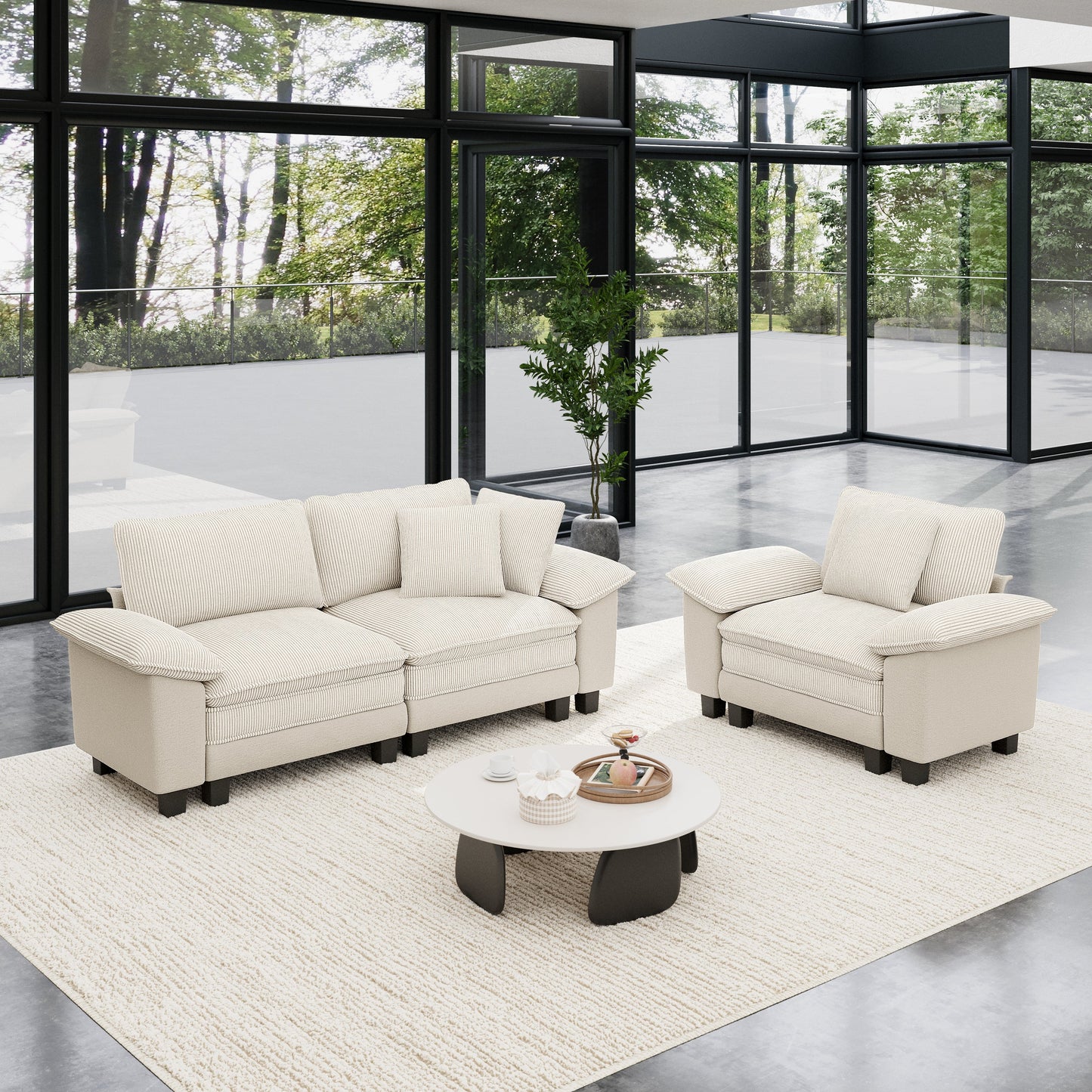 Sophia&William 3-Seat Convertible Sectional Sofa Couch, Modern Chenille Cloud Couch Deep Seat with Corduroy Frame & 3 Pillows for Living Room, Apartment, White