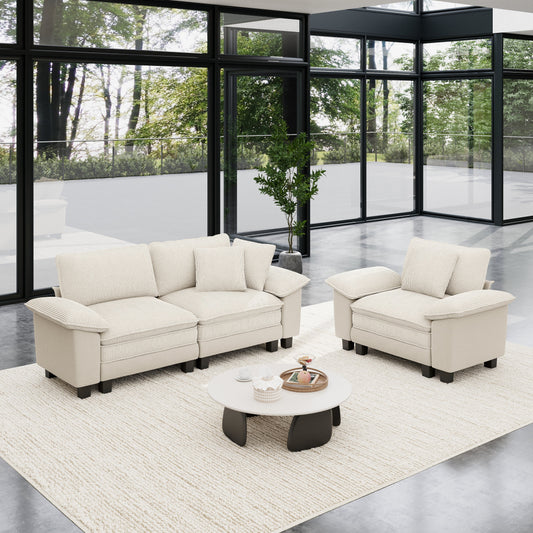 Sophia&William 3-Seat Convertible Sectional Sofa Couch, Modern Chenille Cloud Couch Deep Seat with Corduroy Frame & 3 Pillows for Living Room, Apartment, White