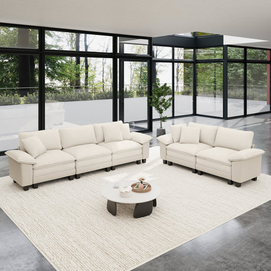 Sophia&William L-shpaed Convertible Sectional Sofa Couch, 5-Seat Modern Chenille Cloud Couch Deep Seat with Corduroy Frame & 5 Pillows for Living Room, Apartment, White