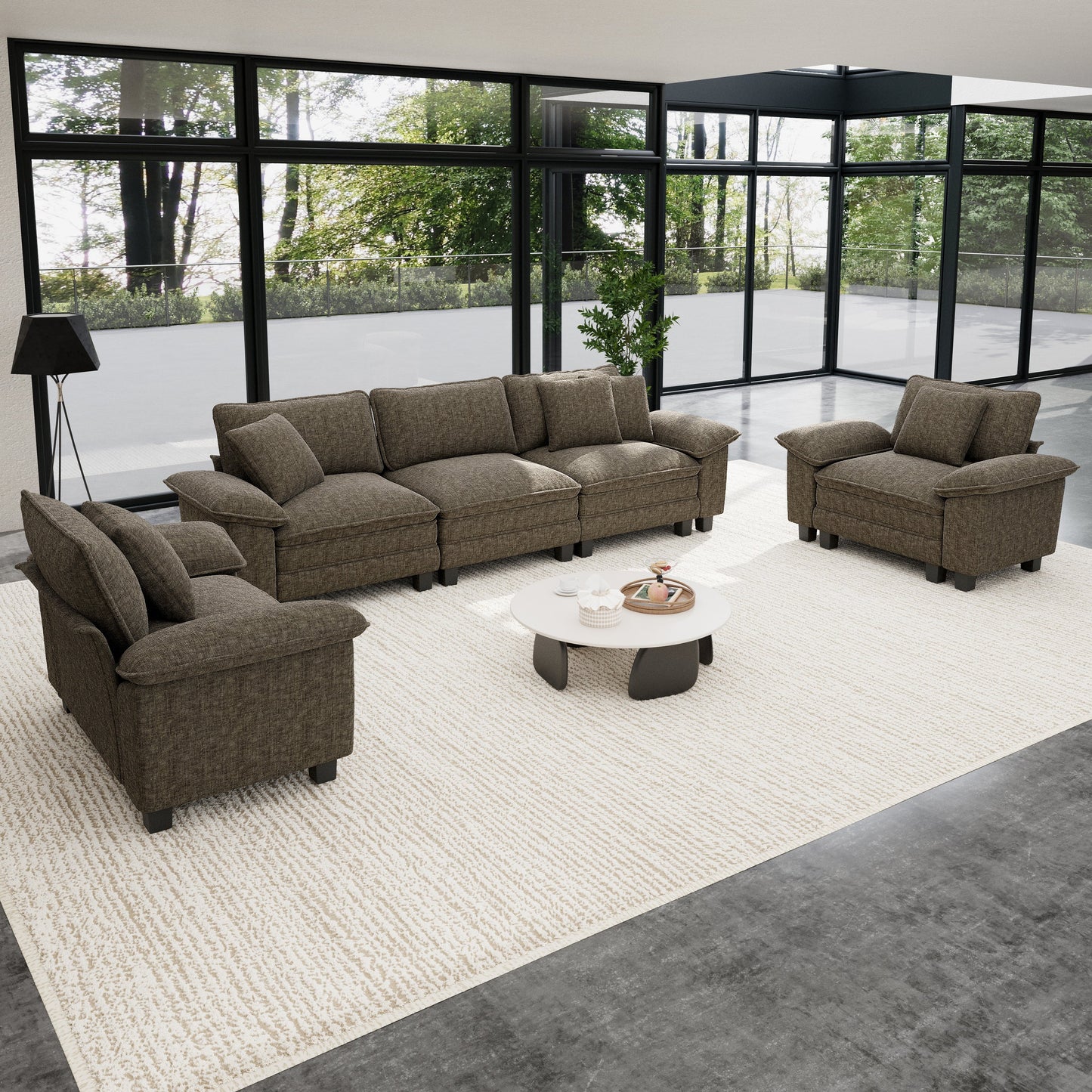 Sophia&William 123.6"L Convertible Sectional Sofa Couch, 5-Seat Modern Chenille Cloud Couch Deep Seat with Corduroy Frame & 5 Pillows for Living Room, Apartment, Ash Gray