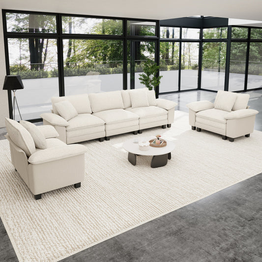 Sophia&William 123.6"L Convertible Sectional Sofa Couch, 5-Seat Modern Chenille Cloud Couch Deep Seat with Corduroy Frame & 5 Pillows for Living Room, Apartment, White