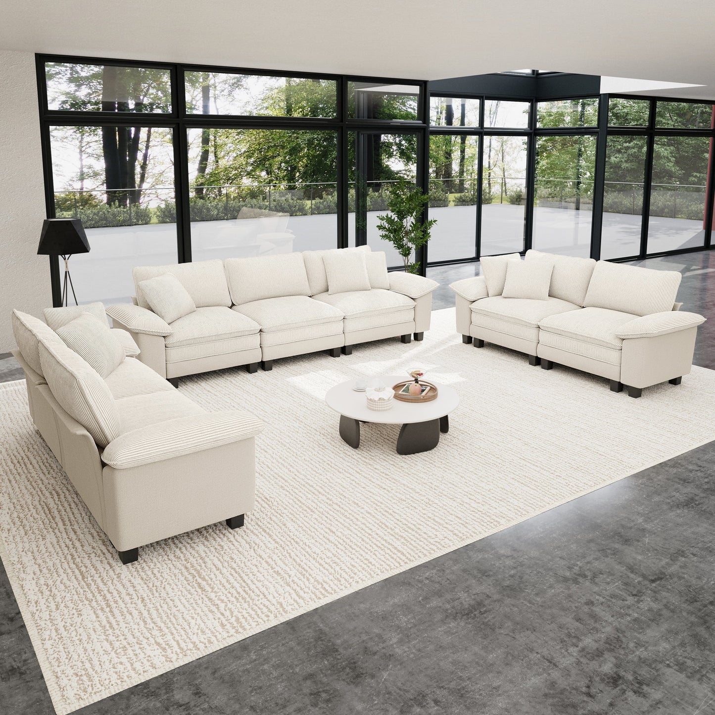 Sophia&William 123.6"L Chenille Sectional Sofa Couch, 7-Seat Modern U-Shaped Modular Cloud Couch in Corduroy Frame with 7 Pillows for Living Room,White