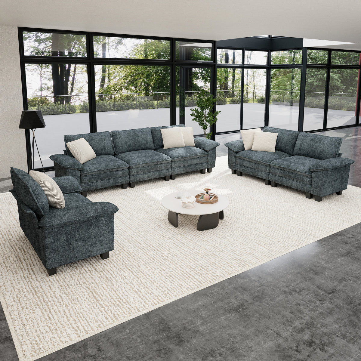 Sophia&William 6-Seat Sectional Sofa Sets, Modern Cloud Couch Deep Seat Modular Sofa with Corduroy Frame & 6 Pillows for Living Room, Apartment, Blue