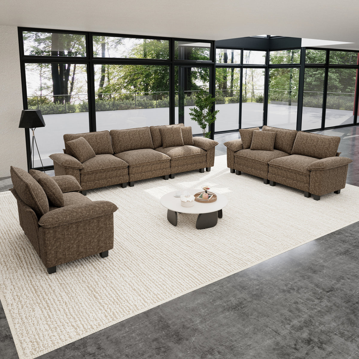 Sophia&William 6-Seat Sectional Sofa Sets, Modern Cloud Couch Deep Seat Modular Sofa with Corduroy Frame & 6 Pillows for Living Room, Apartment, Grayish Brown