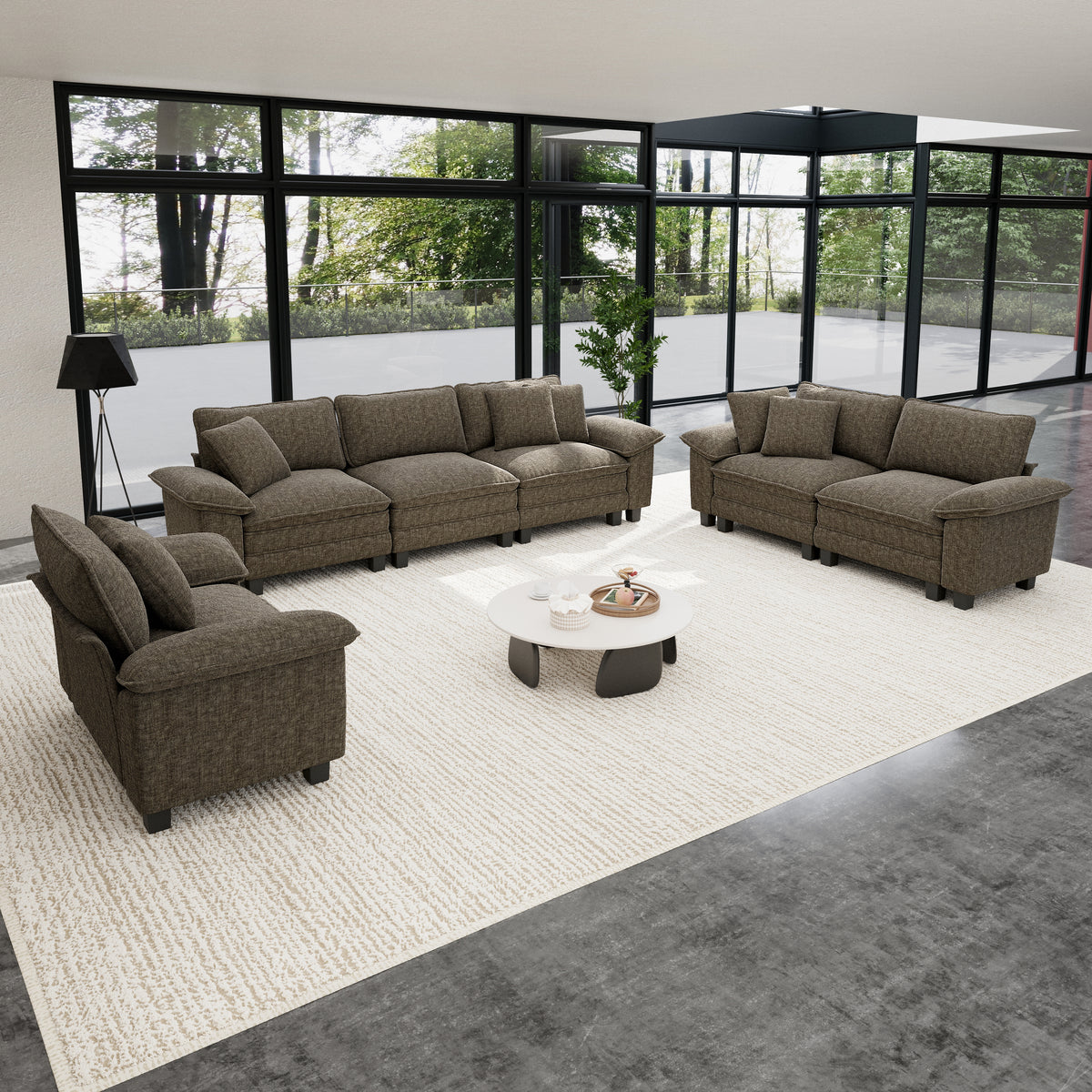 Sophia&William 6-Seat Sectional Sofa Sets, Modern Cloud Couch Deep Seat Modular Sofa with Corduroy Frame & 6 Pillows for Living Room, Apartment, Ash Gray