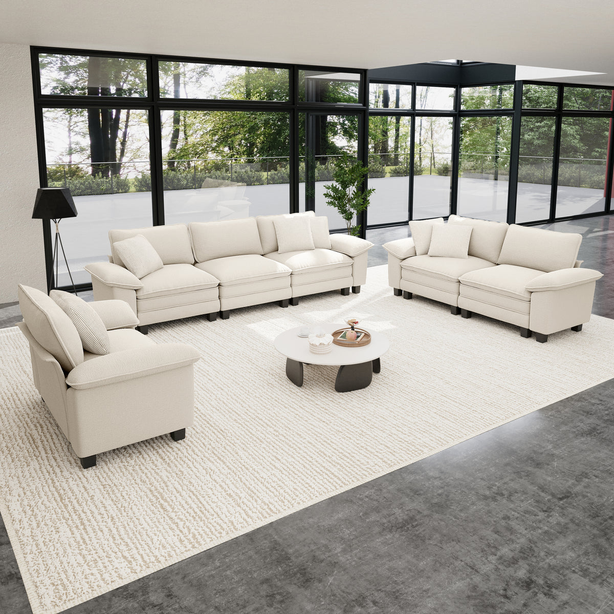 Sophia&William 6-Seat Sectional Sofa Sets, Modern Cloud Couch Deep Seat Modular Sofa with Corduroy Frame & 6 Pillows for Living Room, Apartment, White