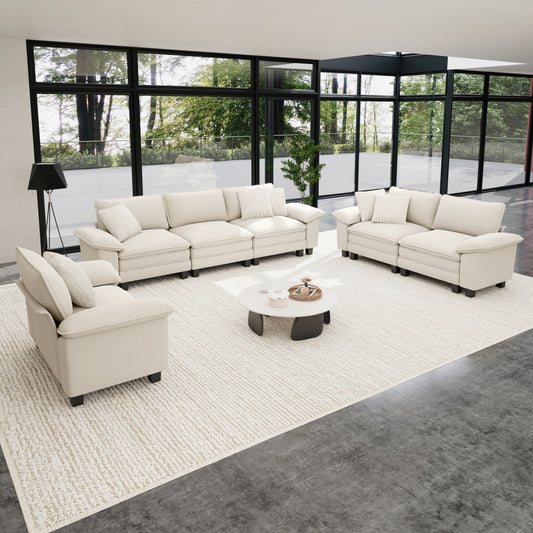 Sophia&William 6-Seat Sectional Sofa Sets, Modern Cloud Couch Deep Seat Modular Sofa with Corduroy Frame & 6 Pillows for Living Room, Apartment, White