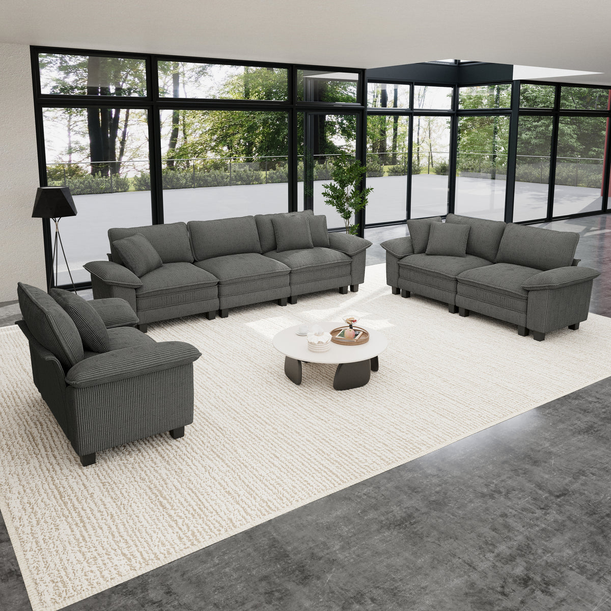 Sophia&William 6-Seat Sectional Sofa Sets, Modern Cloud Couch Deep Seat Modular Sofa with Corduroy Fabric & 6 Pillows for Living Room, Apartment, Gray