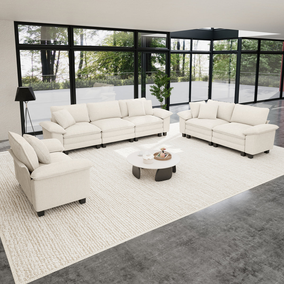 Sophia&William 6-Seat Sectional Sofa Sets, Modern Cloud Couch Deep Seat Modular Sofa with Corduroy Fabric & 6 Pillows for Living Room, Apartment, Beige