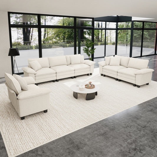Sophia&William 6-Seat Sectional Sofa Sets, Modern Cloud Couch Deep Seat Modular Sofa with Corduroy Fabric & 6 Pillows for Living Room, Apartment, Beige