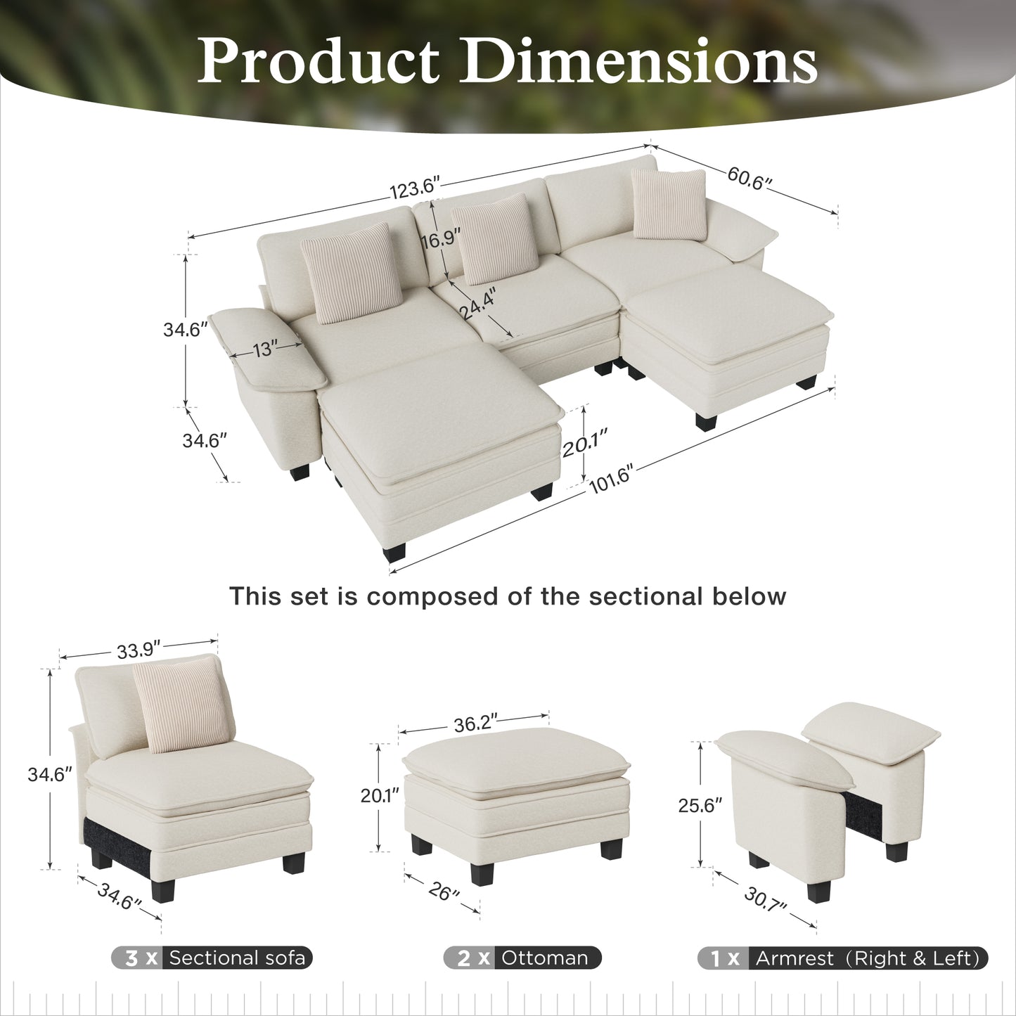 Sophia&William U-Shaped Modular Sectional Sofa Sets for Living Room, Modern 5-Seat Chenille Cloud Couch Oversized Sectional with 3 Throw Pillows & 2 Ottomans, White