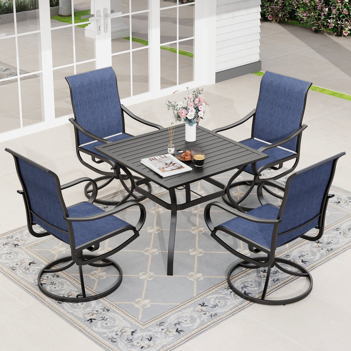Sophia & William 5 Piece Outdoor Patio Dining Set Textilene Chairs and Table Furniture Set, Blue