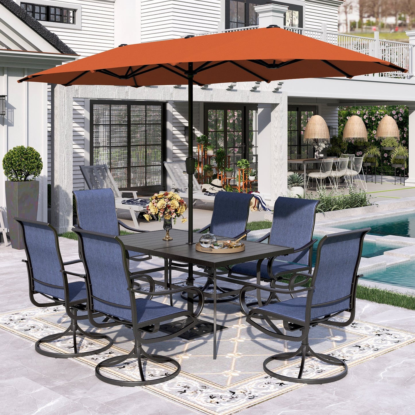 Sophia & William 8-Piece Outdoor Patio Dining Set with 13ft Orange Red Umbrella, Rectangle Table & Blue Textilene Chairs Furniture Set