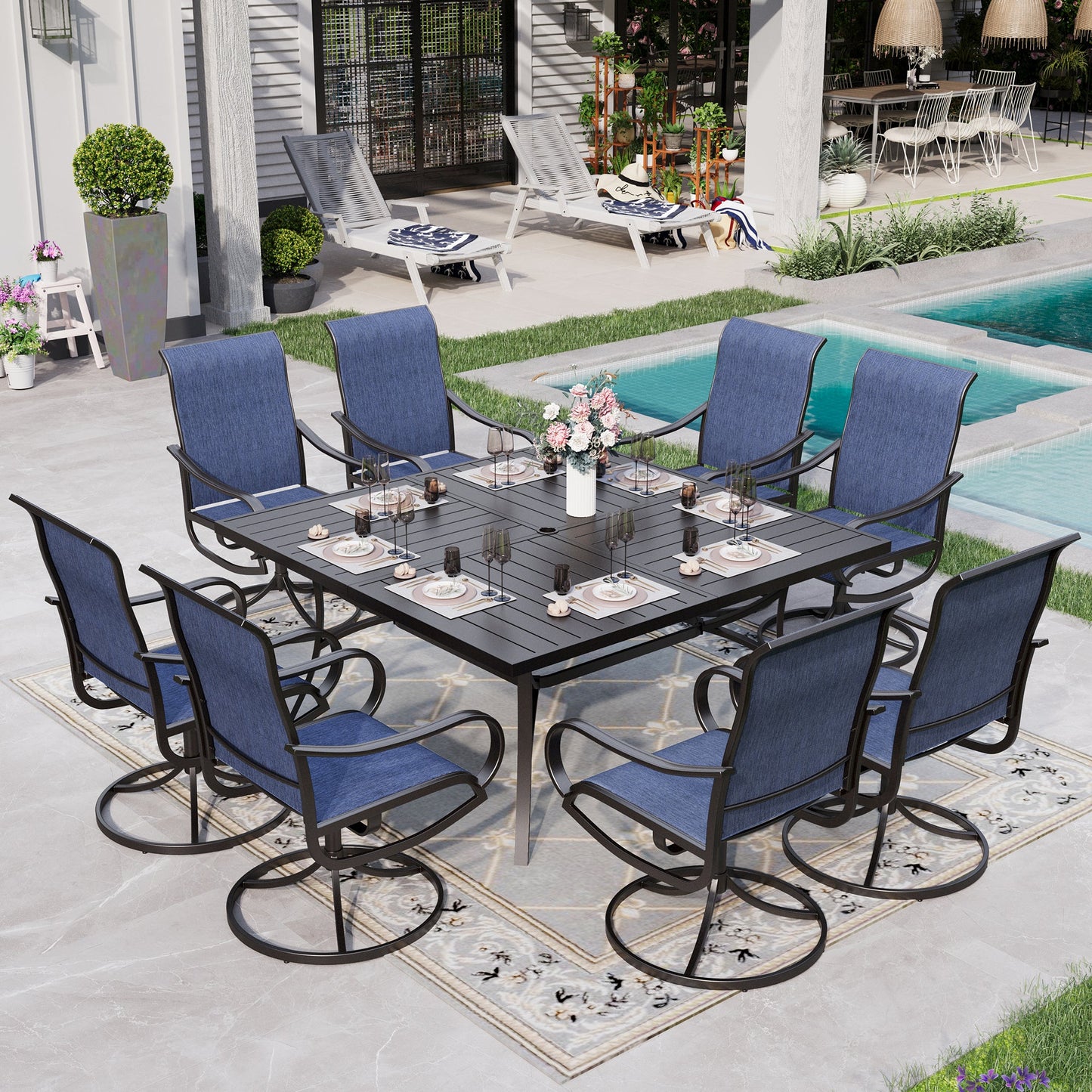 Sophia & William 9 Piece Outdoor Patio Dining Set Textilene Chairs and 60" Square Table Furniture Set, Blue