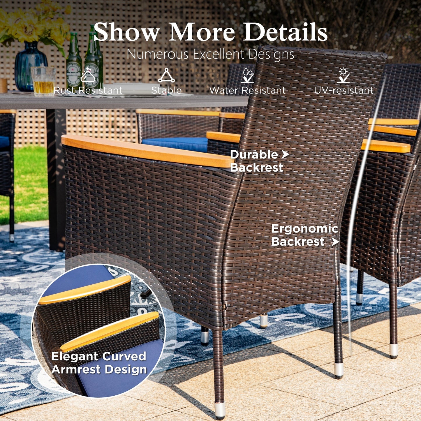 Sophia & William 7 Pieces Outdoor Patio Dining Set with Extendable Cast Aluminum Metal Table & Cushioned Wicker Rattan Chairs for 6