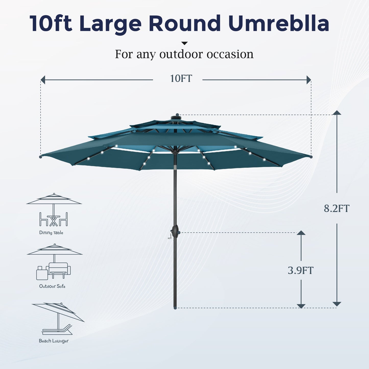 Alpha Joy 10ft 3-Tier Auto-Tilt Patio Umbrella, Steel Pole & Ribs ¨C Double Vented, Solar Lights, Peacock Blue & Cerulean