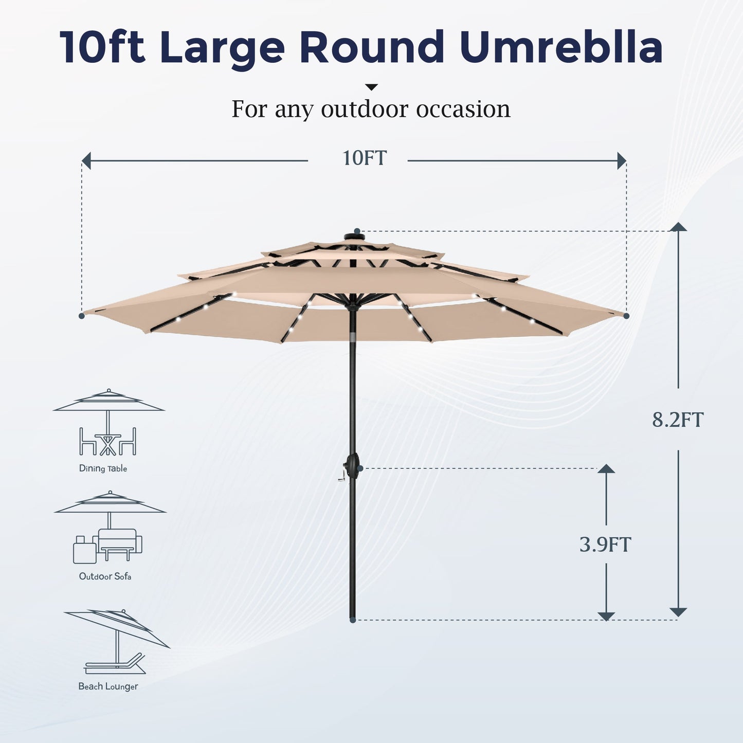 Alpha Joy 10ft 3-Tier Auto-Tilt Patio Umbrella, Steel Pole & Ribs ¨C Double Vented, Solar Lights, Beige & Tan