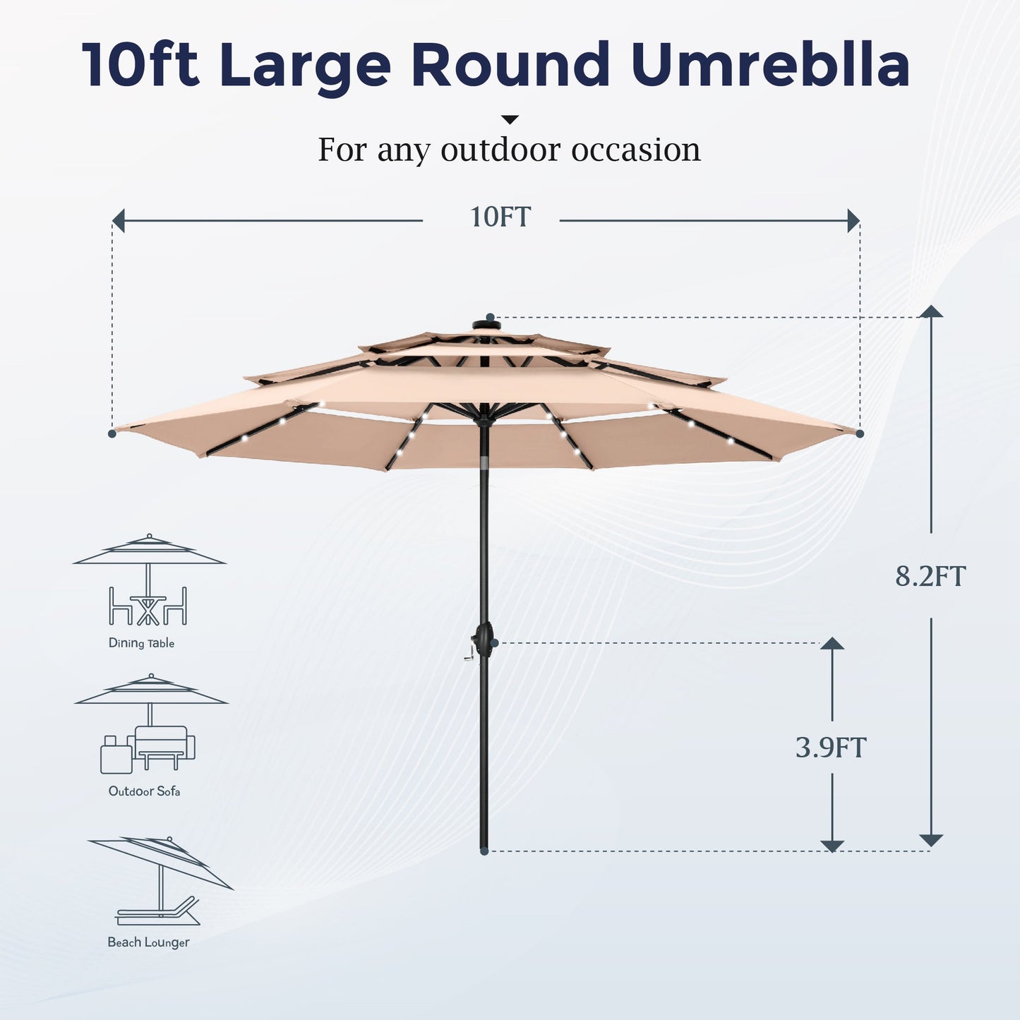 Alpha Joy 10ft 3-Tier Auto-Tilt Patio Umbrella, Steel Pole & Ribs ¨C Double Vented, Solar Lights, Beige