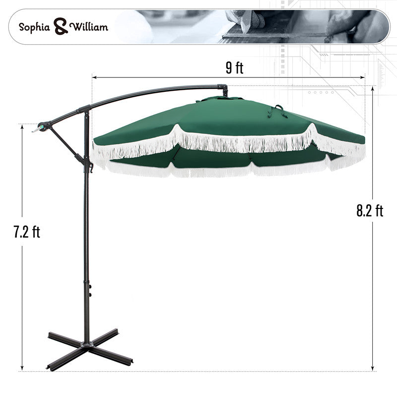 Sophia & William Patio Umbrella 9ft Outdoor Offset Umbrella Cantilever Umbrella with Fringe Tassel Easy Lift UV Protection Outdoor Umbrella Aluminum Ploe All Weather for Backyard Pool Garden Green