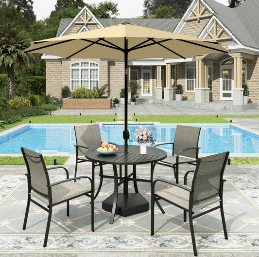Sophia & William 6-Piece Outdoor Patio Dining Set with 9 FT Beige Umbrella, Metal Steel Round Table & 4 Textilene Chairs Patio Set,Brown