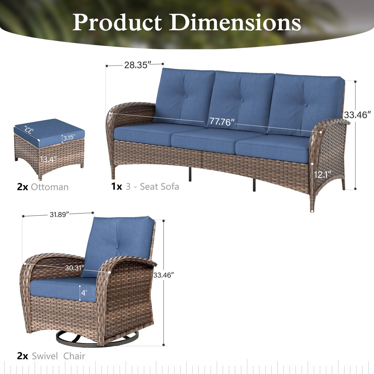 Sophia & William 5 Pieces Outdoor Patio Furniture Set 7-Seat Wicker Outdoor Conversation Sofa Set with Swivel Glider & 2 Ottomans, Navy