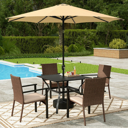 Alpha Joy 6-Piece Outdoor Patio Dining Set with 9ft Umbrella, Rattan Chairs & Square Table Set for 4, Beige Umbrella