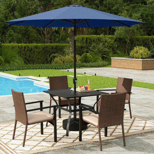 Alpha Joy 6-Piece Outdoor Patio Dining Set with 9ft Umbrella, Rattan Chairs & Square Table Set for 4, Navy Umbrella