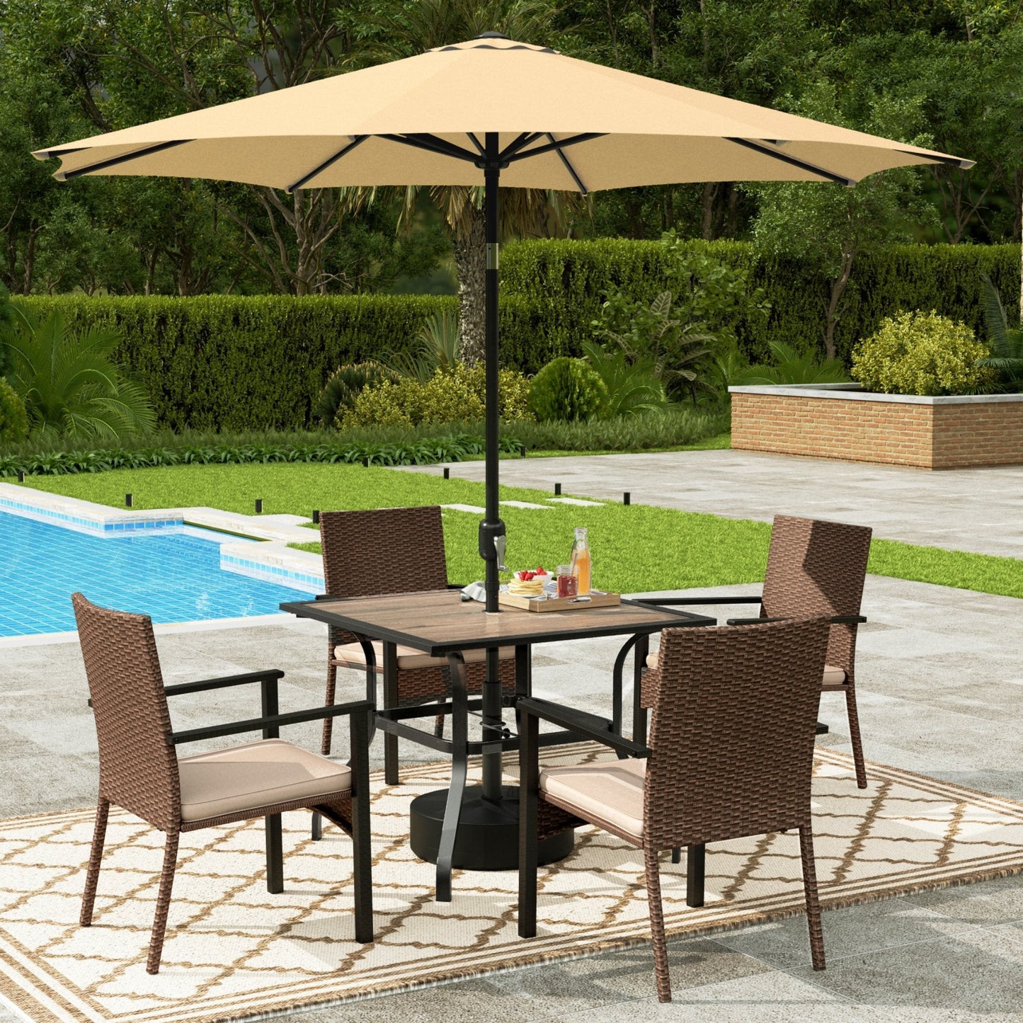 Alpha Joy 6-Piece Outdoor Patio Dining Set with 9ft Umbrella, Rattan Chairs & Square Wood-grain Table Set for 4, Beige Umbrella