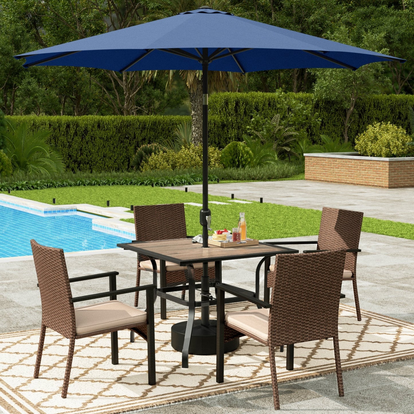 Alpha Joy 6-Piece Outdoor Patio Dining Set with 9ft Umbrella, Rattan Chairs & Square Wood-grain Table Set for 4, Navy Umbrella