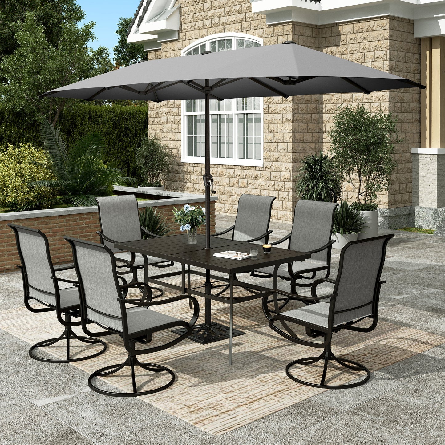 Sophia & William 8-Piece Outdoor Patio Dining Set with 13ft Gray Umbrella, Rectangle Table & Gray Textilene Chairs Furniture Set for 6