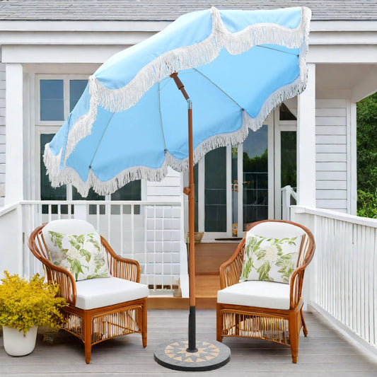 Alpha Joy 7FT Outdoor Parasol Umbrella Fiberglass Ribs Umbrella with Tassel, Sky Blue