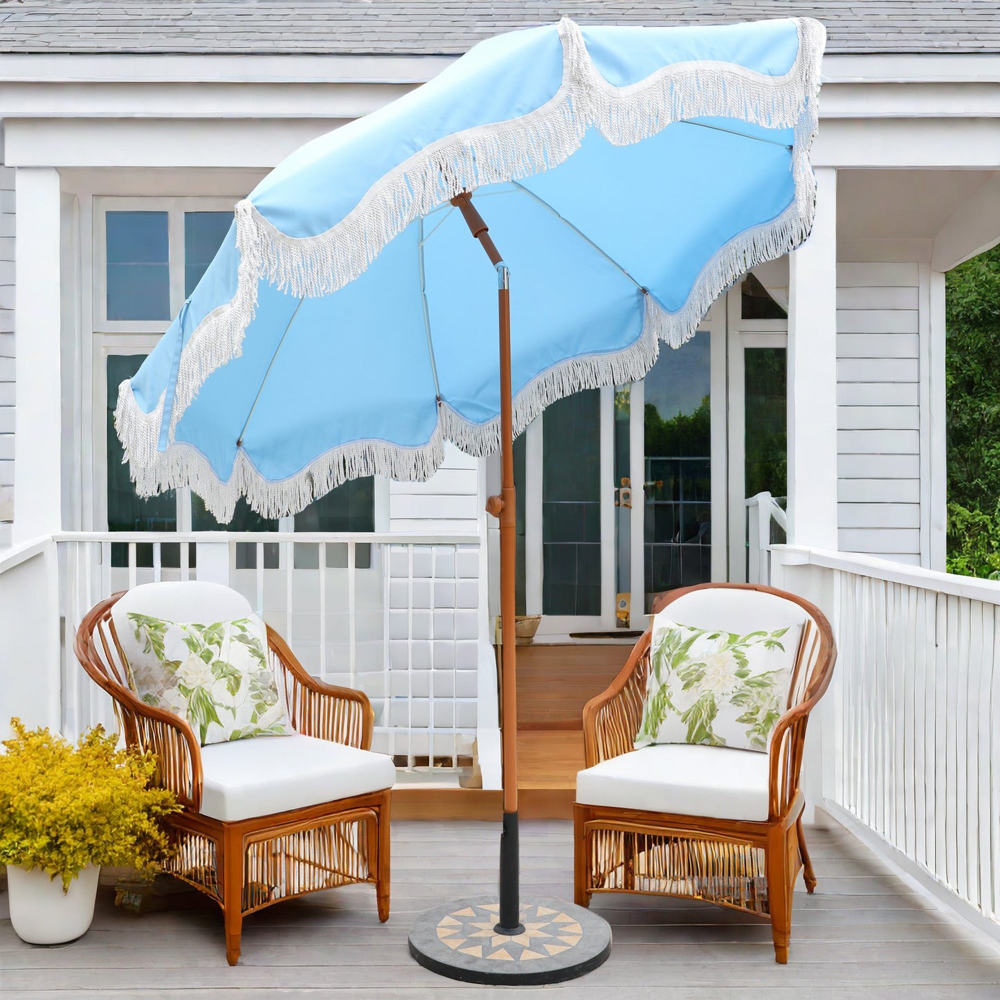 Alpha Joy 7FT Outdoor Parasol Beach Umbrella Fiberglass Ribs Umbrella with Tassel, Sky Blue