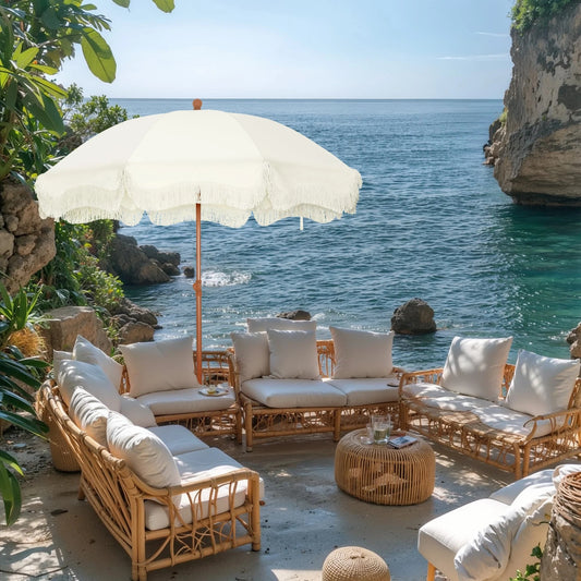 Alpha Joy 7FT Outdoor Parasol Beach Umbrella Fiberglass Ribs Umbrella with Tassel, Ivory