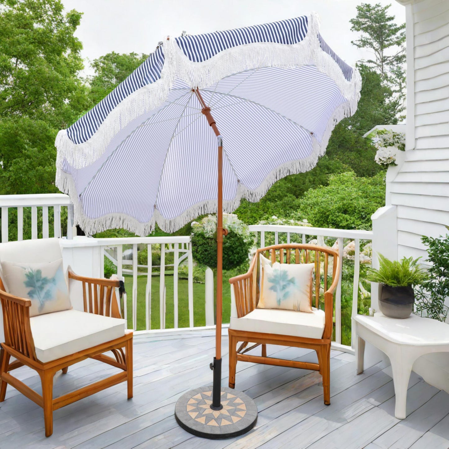 Alpha Joy 7FT Outdoor Parasol Beach Umbrella Fiberglass Ribs Umbrella with Tassel, Navy Blue Strips