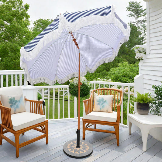 Alpha Joy 7FT Outdoor Parasol Beach Umbrella Fiberglass Ribs Umbrella with Tassel, Navy Blue Strips