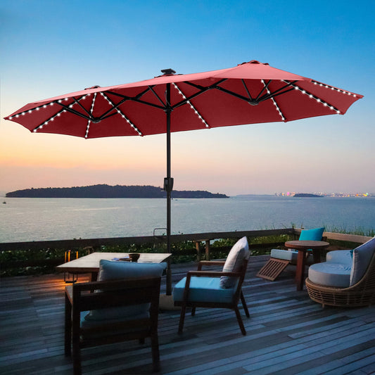 Alpha Joy 13ft Large Double-Sided Outdoor Patio Umbrella with Colorful Solar Lights, Red